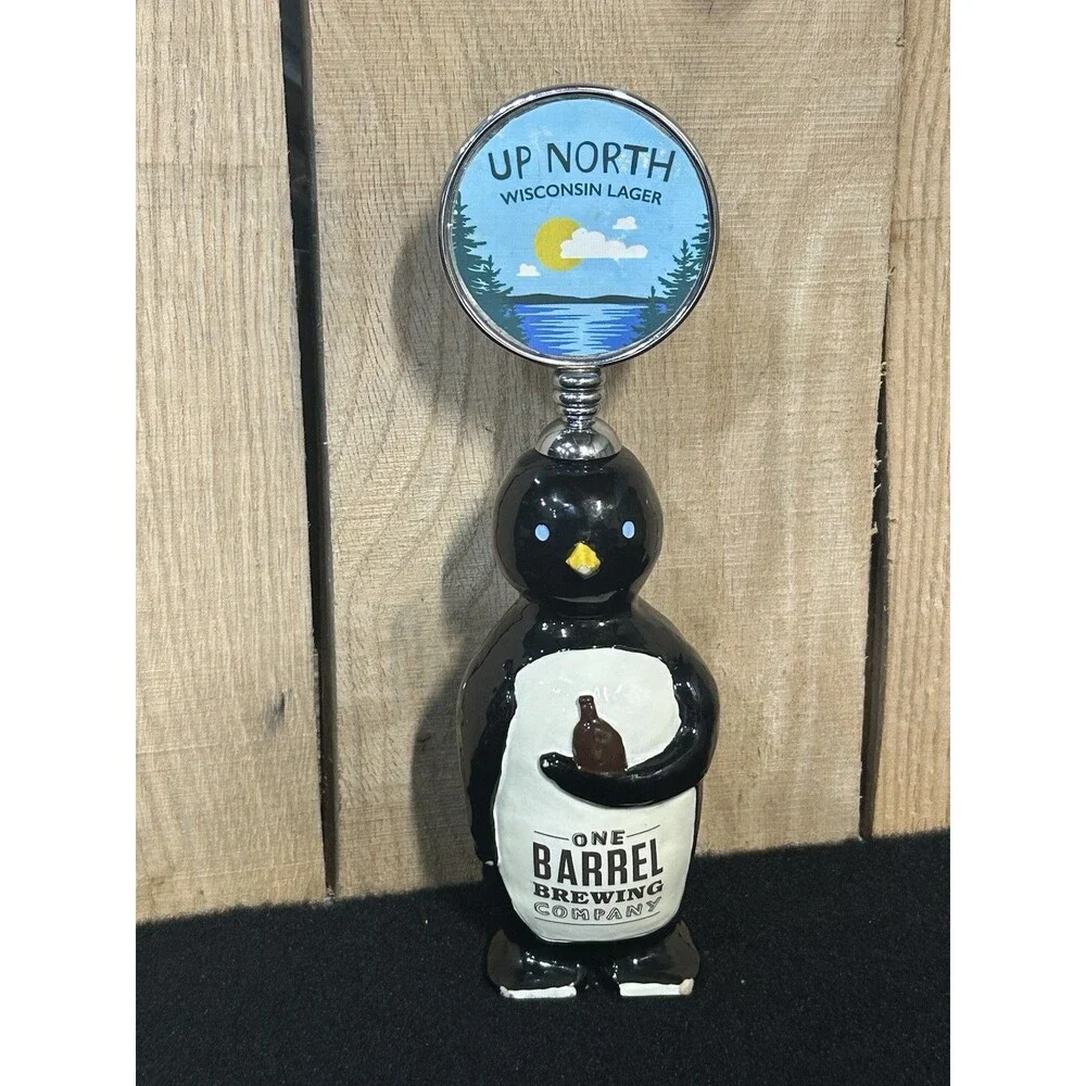 One Barrel Brewing Beer Tap Handle Ceramic Penguin Up North Wisconsin Lager B18
